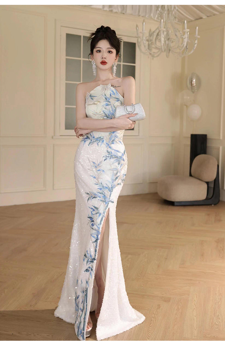 New Chinese Style Cheongsam Banquet Evening Dress Dress Women 2024 New High Sense Bride Engagement Toast Clothing Morning Gowns