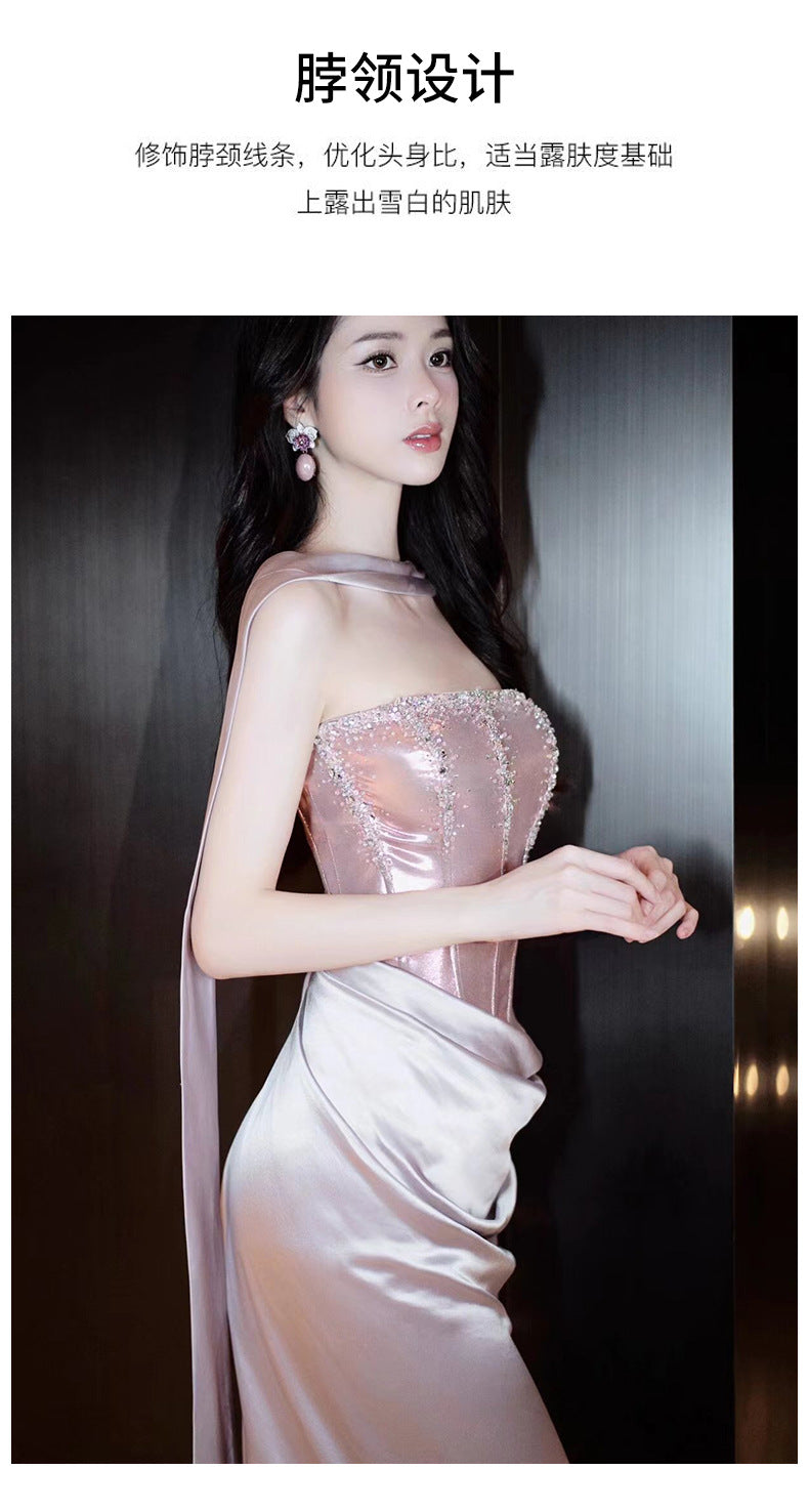 Pink Toast Clothing Morning Gowns 2024 New High Sense Banquet Temperament Host Tube Top Bride Engagement Formal Dress Female