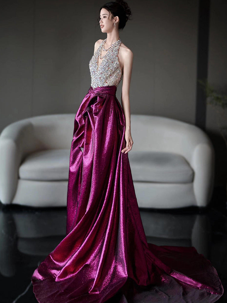 Halter Evening Dress 2024 New High Sense Heavy Industry Beads Banquet Temperament Host Bride Engagement Toast Clothing