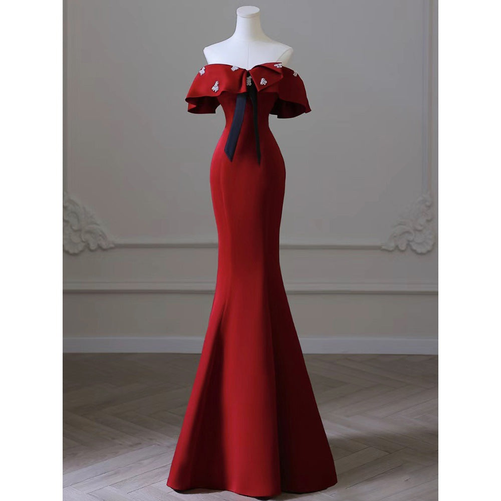 Dinner Dress Party Dresses Gala Ball Gown Bride Wine Red Fishtail Engagement Dress Wedding Evening Dress H9293