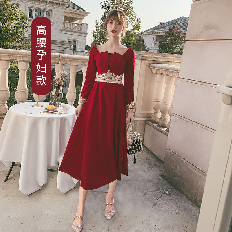 Toast Dress Bride 2024 New Autumn Velvet Long-Sleeved Red Back-to-Door Dinner Dress Marriage Engagement Toast