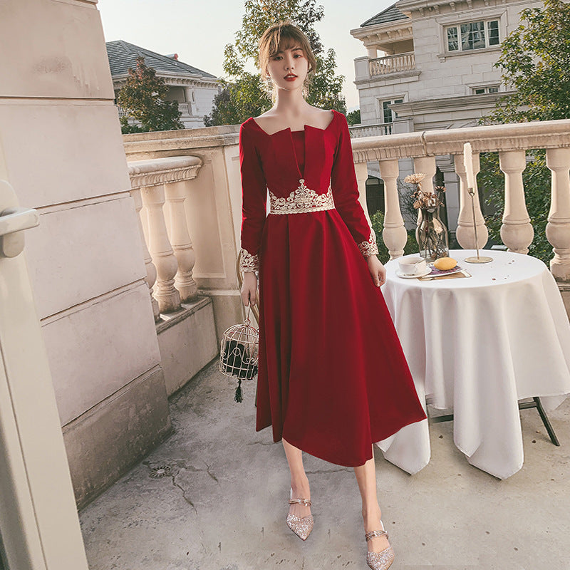 Toast Dress Bride 2024 New Autumn Velvet Long-Sleeved Red Back-to-Door Dinner Dress Marriage Engagement Toast