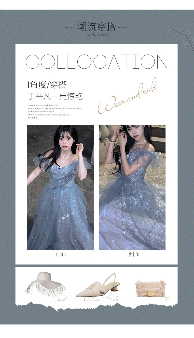 French Princess Escape Evening Dress Super Fairy Blue Student Art Exam Performance Dress off-Shoulder Temperament Bride Toast Dress