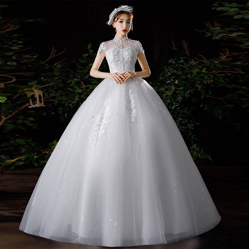 French Light Wedding Dress 2024 New Princess Style Floor-Length Graceful Stand Collar Female Bride Wedding Dress Super Fairy Mori Style Summer