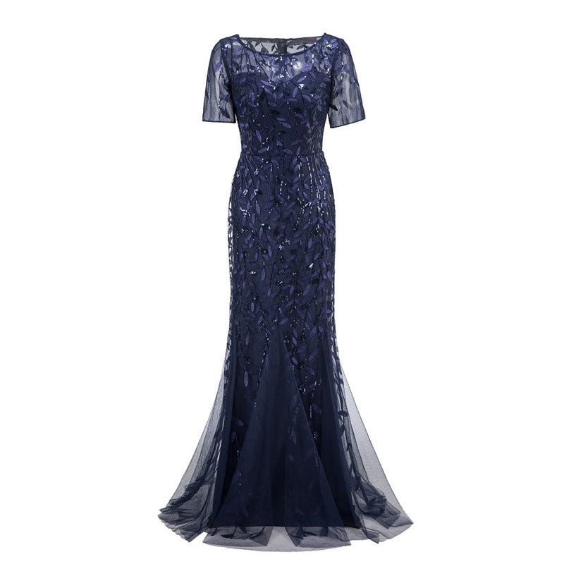 Spring and Summer Cross-Border 2024 Banquet Host European and American Slim Mesh Sequins Evening Dress Fishtail Dress Women