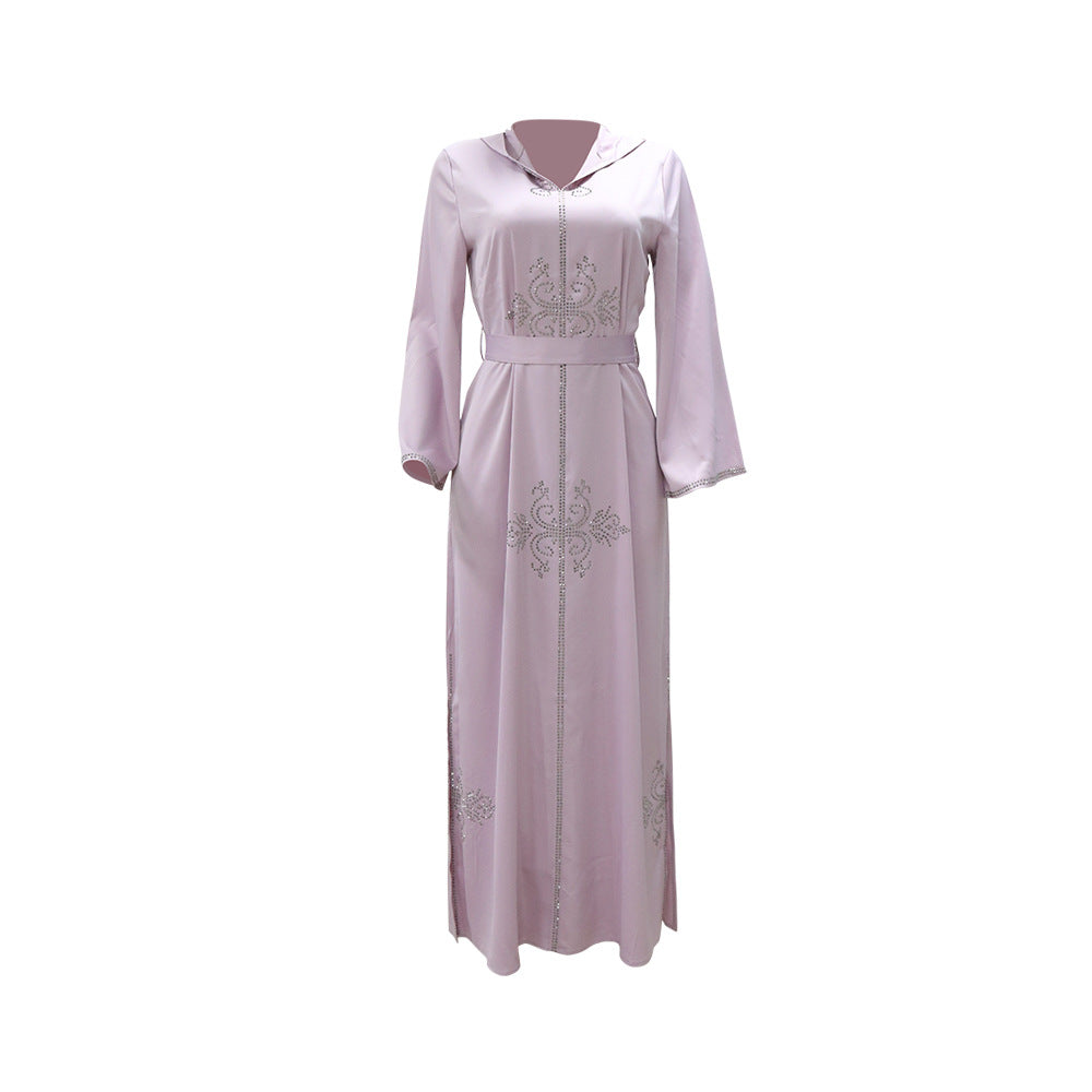 Xqy500157 Middle East Abaya Ethnic Style Dress Hooded Robe Fashion Diamond-Embedded Slits Lower Hem Dress