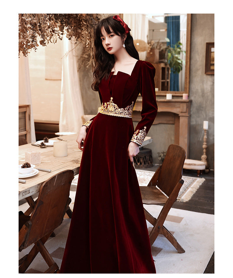 Wedding Toast Dress 2024 New Velvet Wine Red Long Bride Long Evening Dress Autumn Elegant Toast