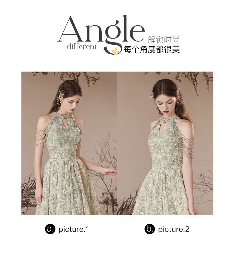 Halter Evening Dress 2024 New Printed Lace Toast Dress Bride Marriage Engagement Long Dress Elegant Slimming Green