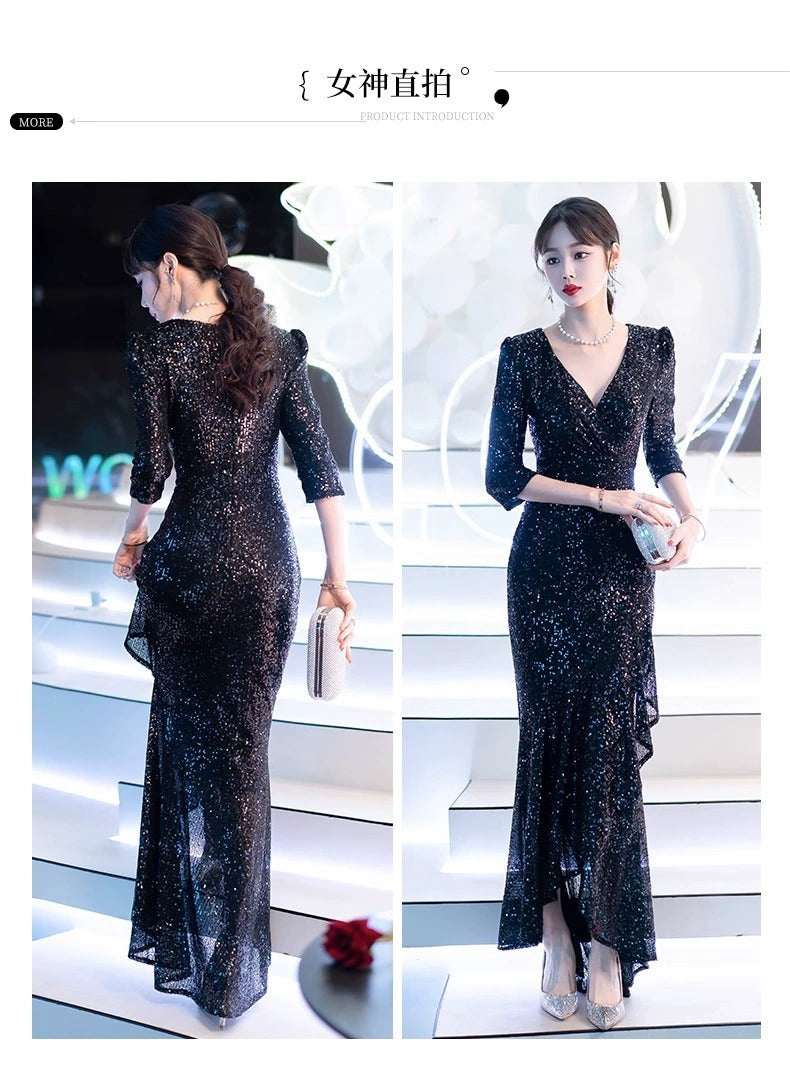 Black Evening Dress High-End Affordable Luxury Niche Female 2024 New Host Birthday Banquet Sequined Fishtail Dress Autumn