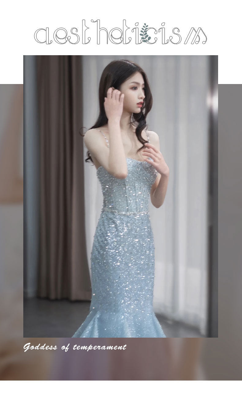 Fishtail Evening Dress High-Grade Model Catwalk Student Art Exam Toast Dress Bride Super Fairy Blue French Strap