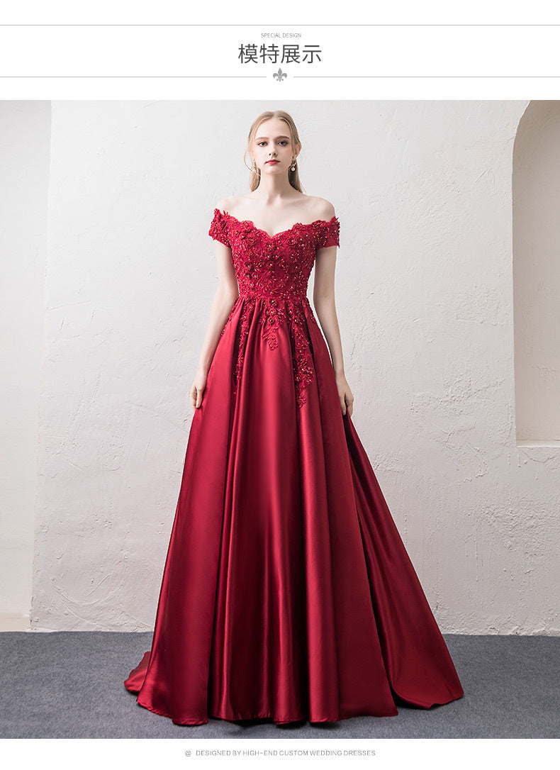 off-Shoulder Wine Red Toast Dress Bride 2024 New Marriage Engagement Wedding Family Visiting Shoes Banquet Evening Dress