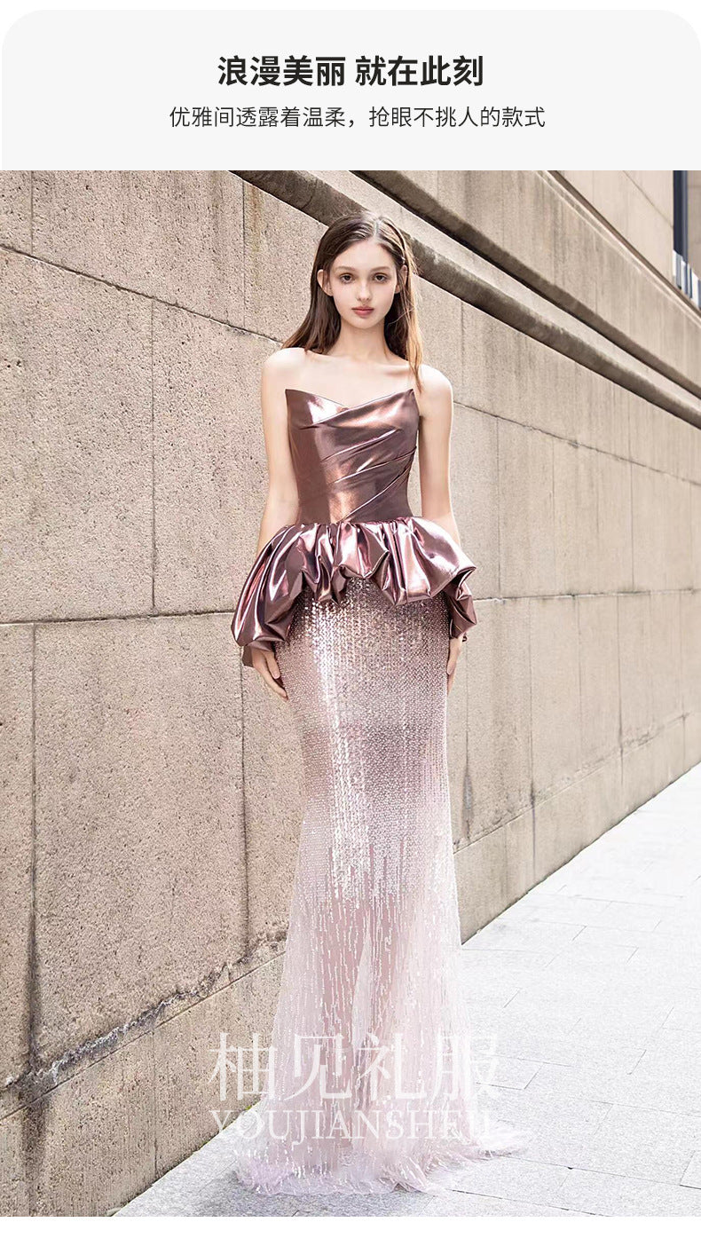 Fishtail Evening Dress Women's High-Grade Banquet Temperament Host Tube Top Bride Engagement Dress Toast Dress Autumn