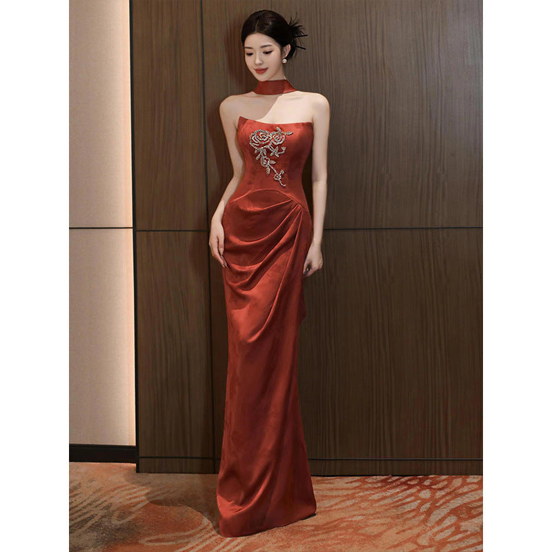 New Chinese Style Morning Gowns Women's 2024 New High-Grade Bride Engagement Formal Dress Toast Dress Tube Top out of Court Banquet Fishtail Skirt