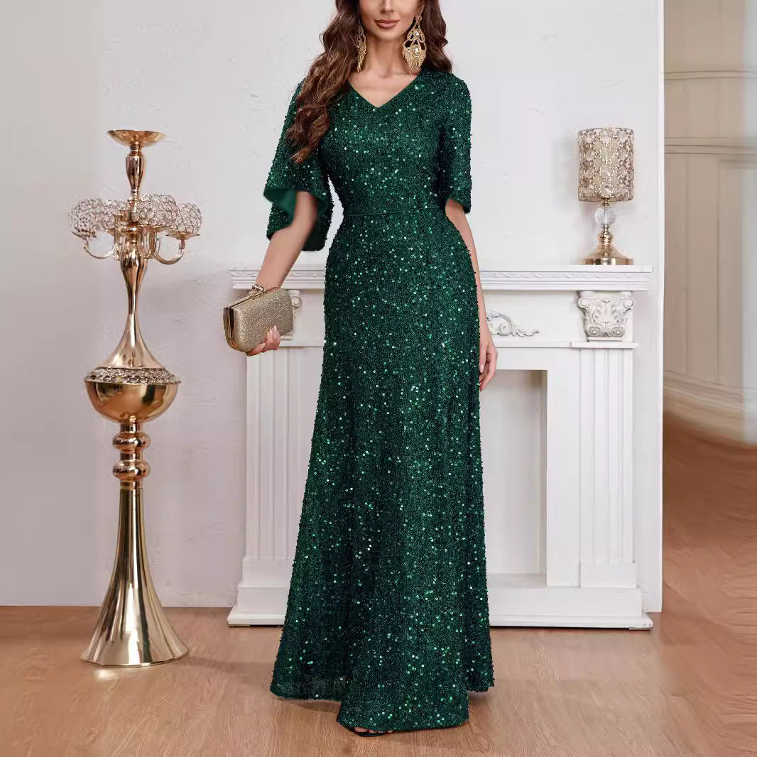 2024 Spring and Summer Cross-Border Independent Station New Fashion V-neck Sequins European and American Style Dress Mid-Waist Short-Sleeved Evening Dress