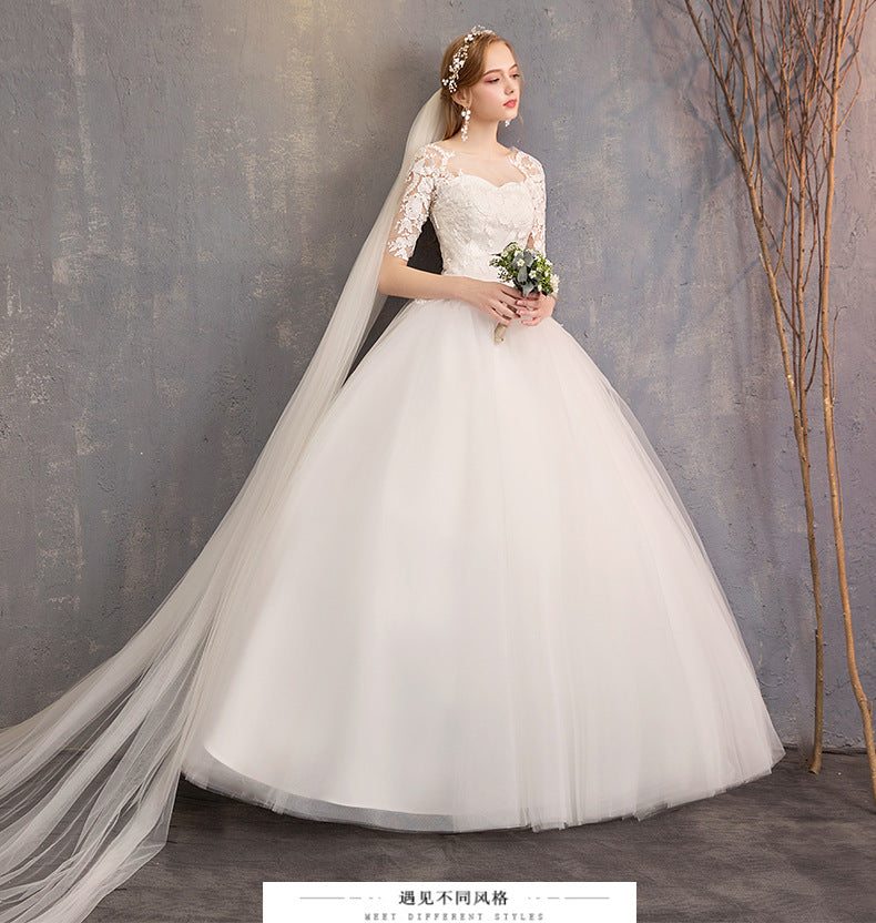 Wholesale Primary Wedding Dress 2024 New off-Shoulder Half Sleeve Floor-Length Simple Lightweight Wedding Dress French Retro Female Manufacturer