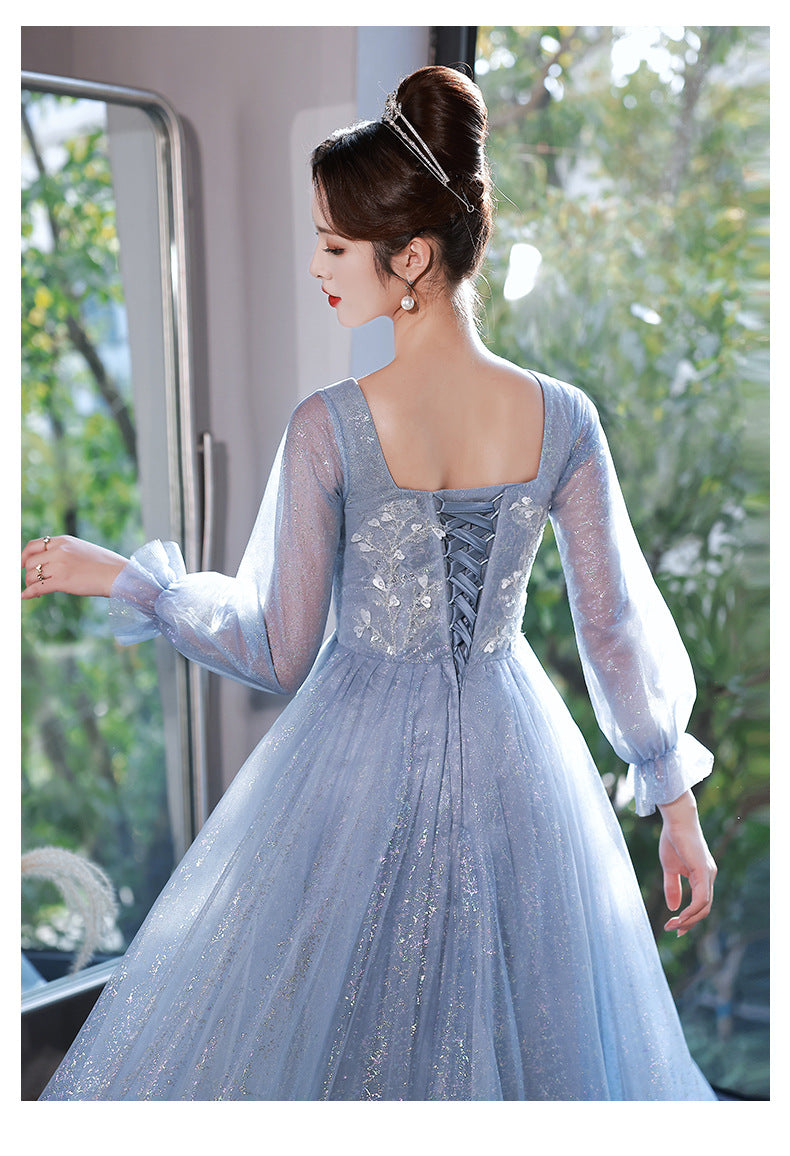 Blue Evening Dress for Women 2023 New High-Grade Banquet Temperament Long Sleeve Light Luxury Minority High-End Performance Art Exam Dress