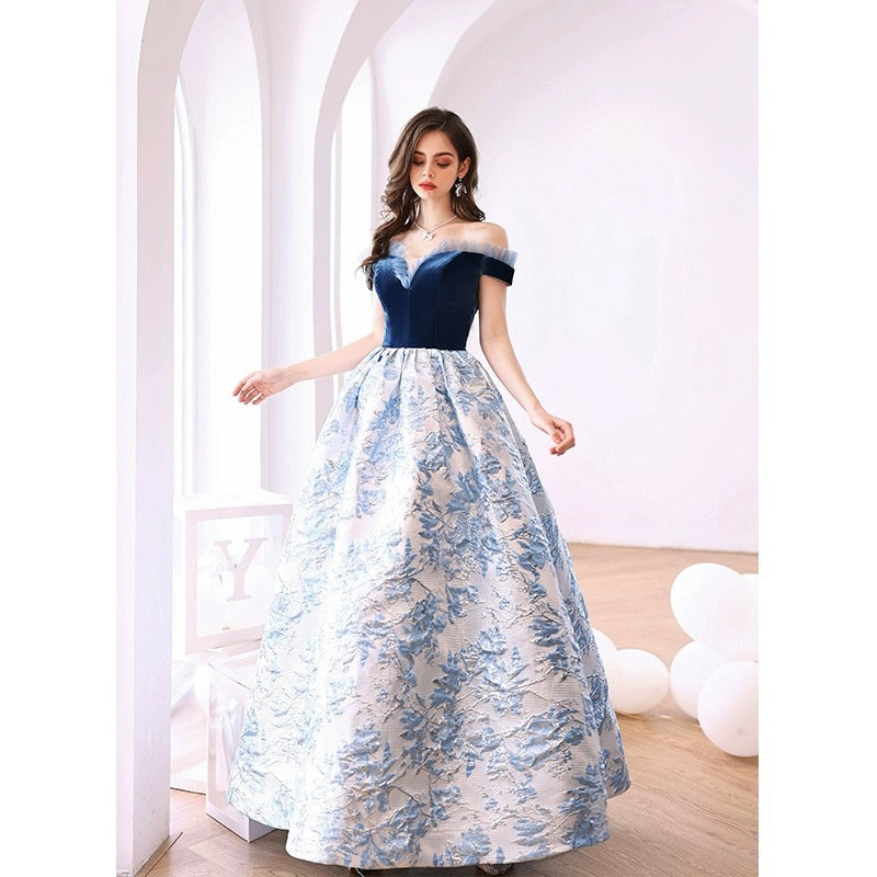 Evening Dress for Women 2024 Summer Blue off-Shoulder Banquet Performance Performance and Catwalk Host Wedding Dress