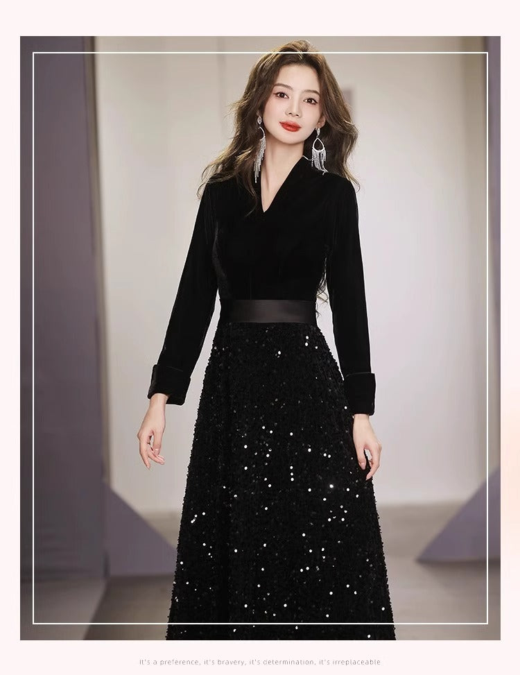 Black Evening Dress for Women 2024 New Temperament Banquet French Art Exam Host Choral Performance Dress Autumn