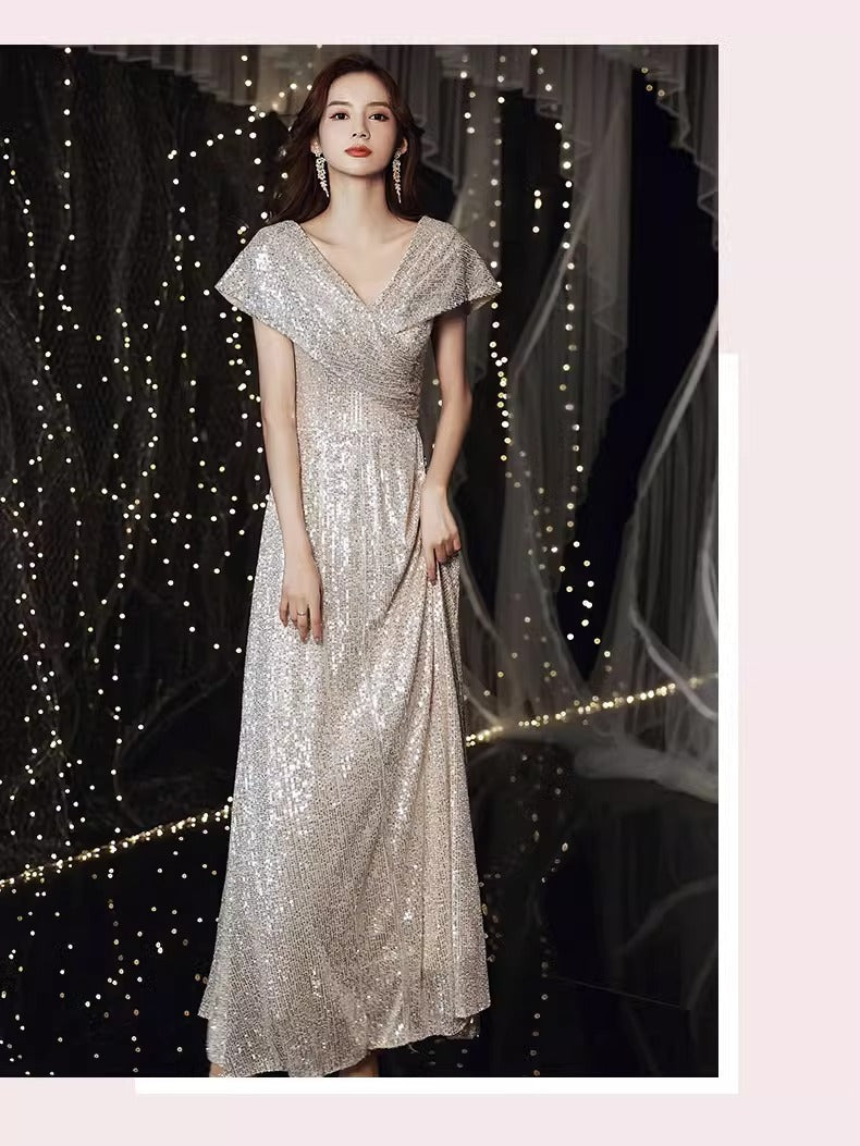 Banquet Evening Dress 2024 New High Sense V-neck Sequins Special Interest Light Luxury Performance Host's Dress Dress