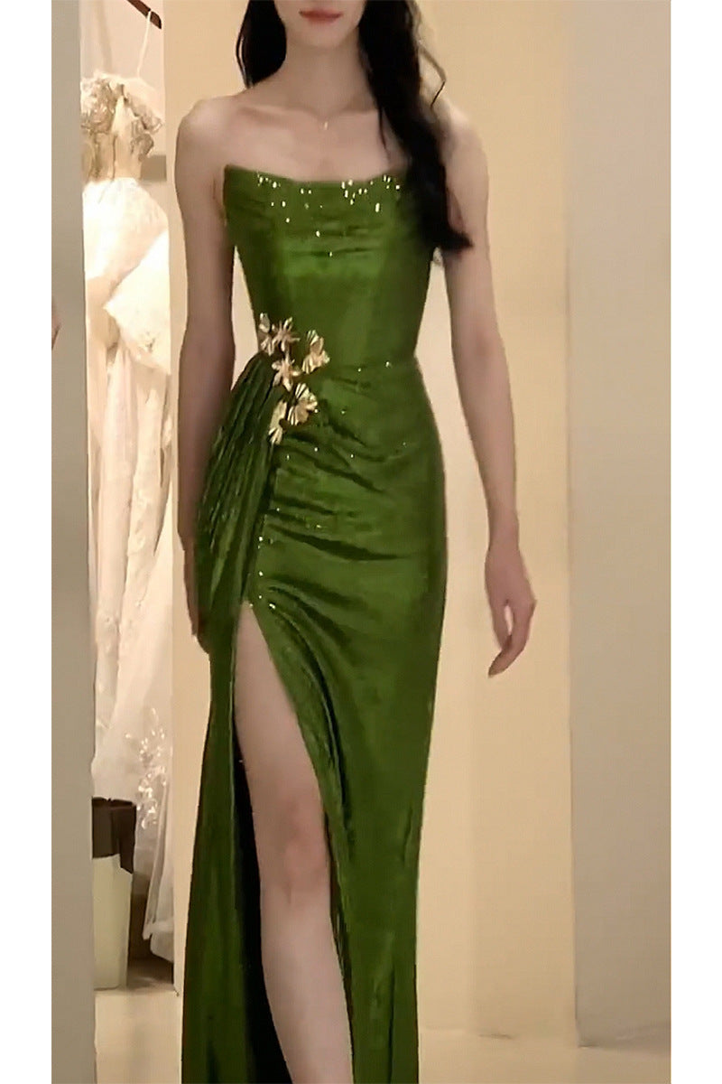 New Chinese Style Green Sequined Morning Gowns Evening Dress 2024 New Bridal Toast Dress Tube Top Birthday Trailing Little Dress