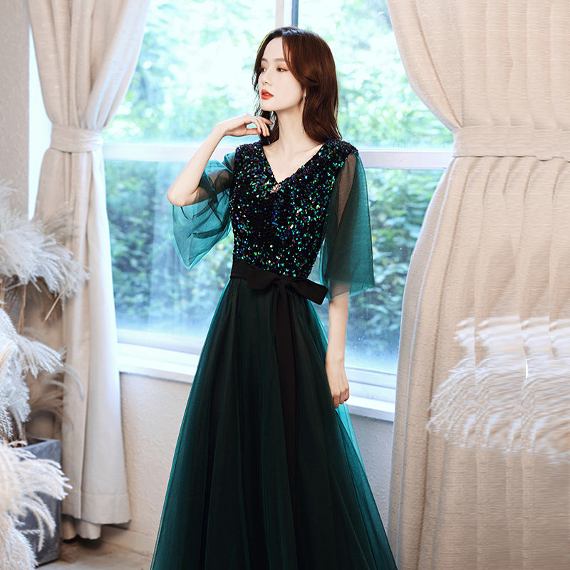 Evening Dress Prom dresses Green sequin Women Banquet Temperament French Entry Lux Niche High-End Dark Green Princess Annual Meeting Host H28822