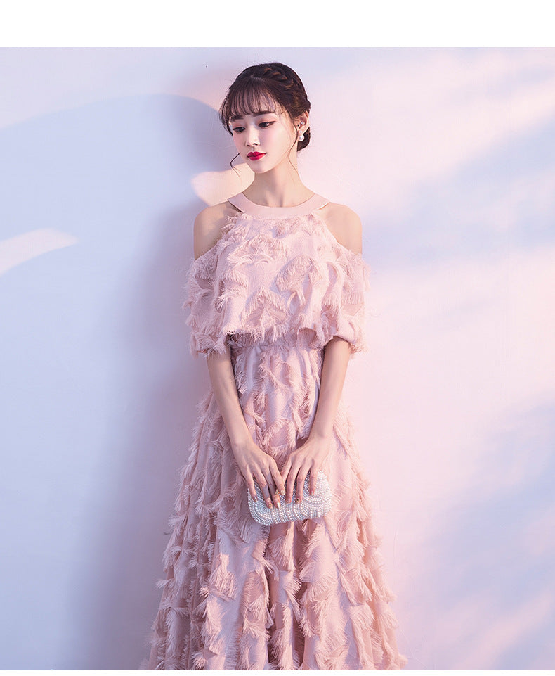 Halter Banquet Evening Dress Dress Women's 2024 Autumn New Elegant Long Slimming Solo Art Exam Pink Bridesmaid