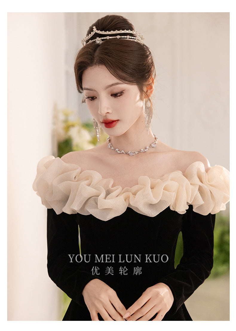 off-Shoulder Black Evening Dress 2024 New Banquet Temperament Host French Entry Lux Niche Long Sleeve Autumn and Winter