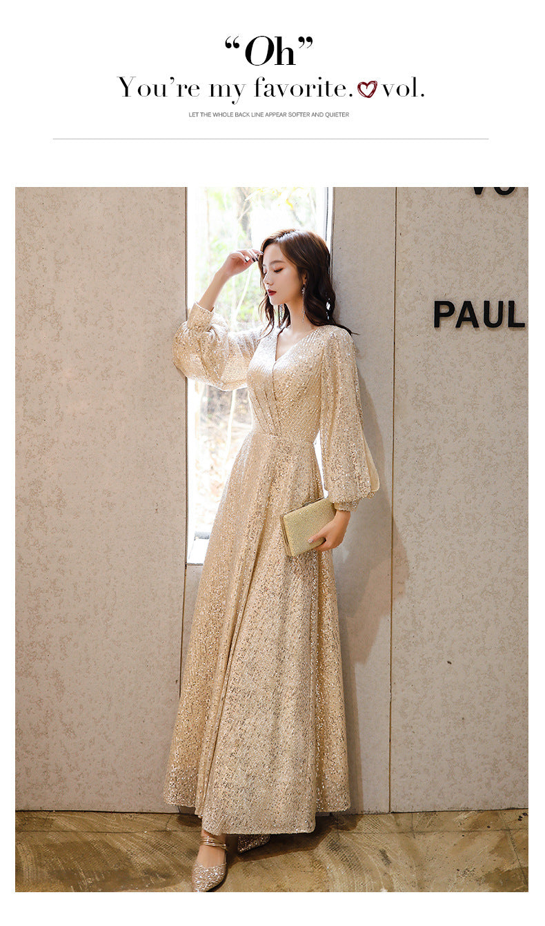 Factory Supply Evening Dress 2024 New Autumn and Winter Long Long Sleeve V-neck Sequins Champagne Annual Party Evening Dress