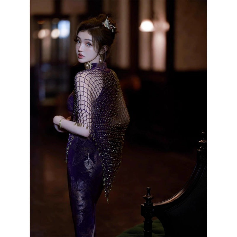 New Chinese Style Improved Cheongsam for Women 2024 New Young High-End Temperament Jacquard Purple Sexy Sheath Dress