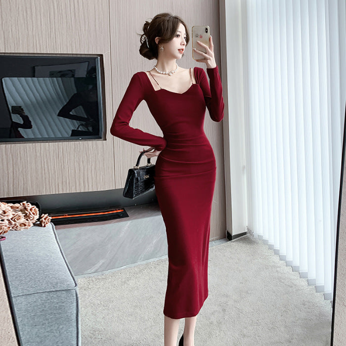 Chic French Style Chain Square Collar Dress Women's Elegant Bodycon Sheath Dress Niche Split Evening Dress Isn