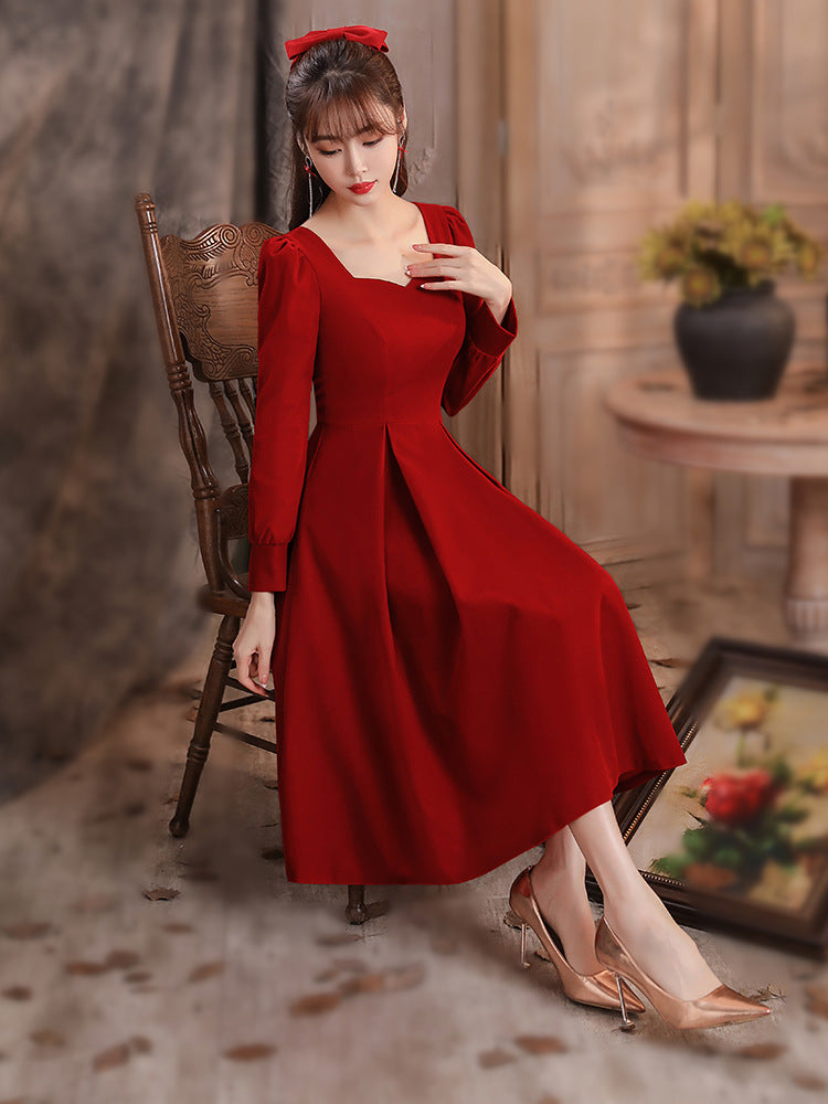 Toast Dress Bride 2024 New Autumn and Winter High-End Engagement Dress Back Door Slim Fit Slimming Long Sleeves Dress