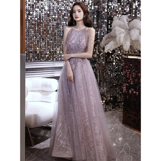 Stunning Evening Dress for Women Banquet Temperament Light Luxury Minority High-End Ladies Annual Meeting Host Halter Tassel Birthday