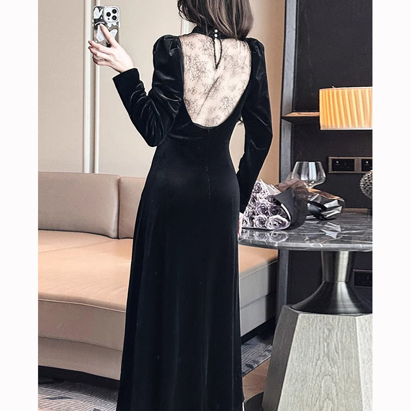 2023 Autumn and Winter Annual Party Party Dress Skirt ~ French Style Hepburn Elegant Half Turtleneck Lace Stitching Velvet Dress