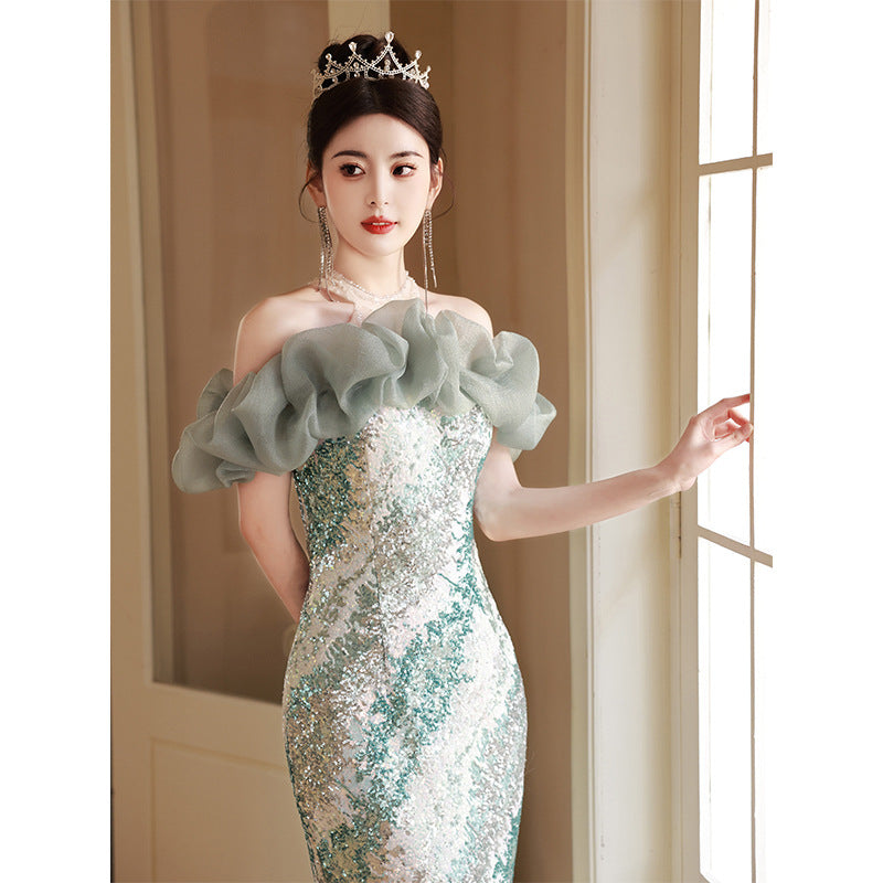 French High-End Fishtail Skirt Ladies Banquet Elegant Evening Dress Skirt Women's Sequined High Sense Long Sexy Host