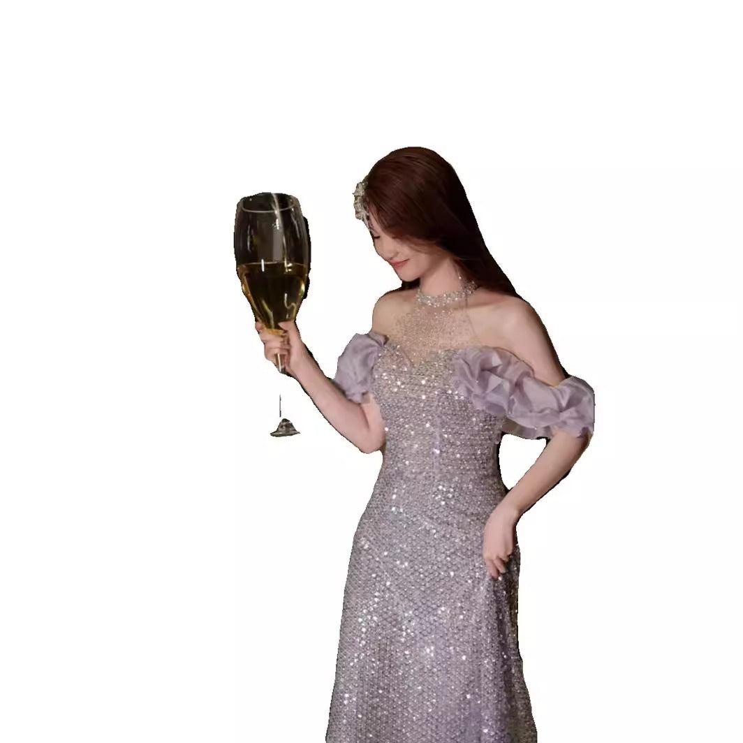 Evening Dress Gala Ball Gown Off Shoulder Purple Sequined Long Slim Fit Slimming Annual Party Banquet Host H00202