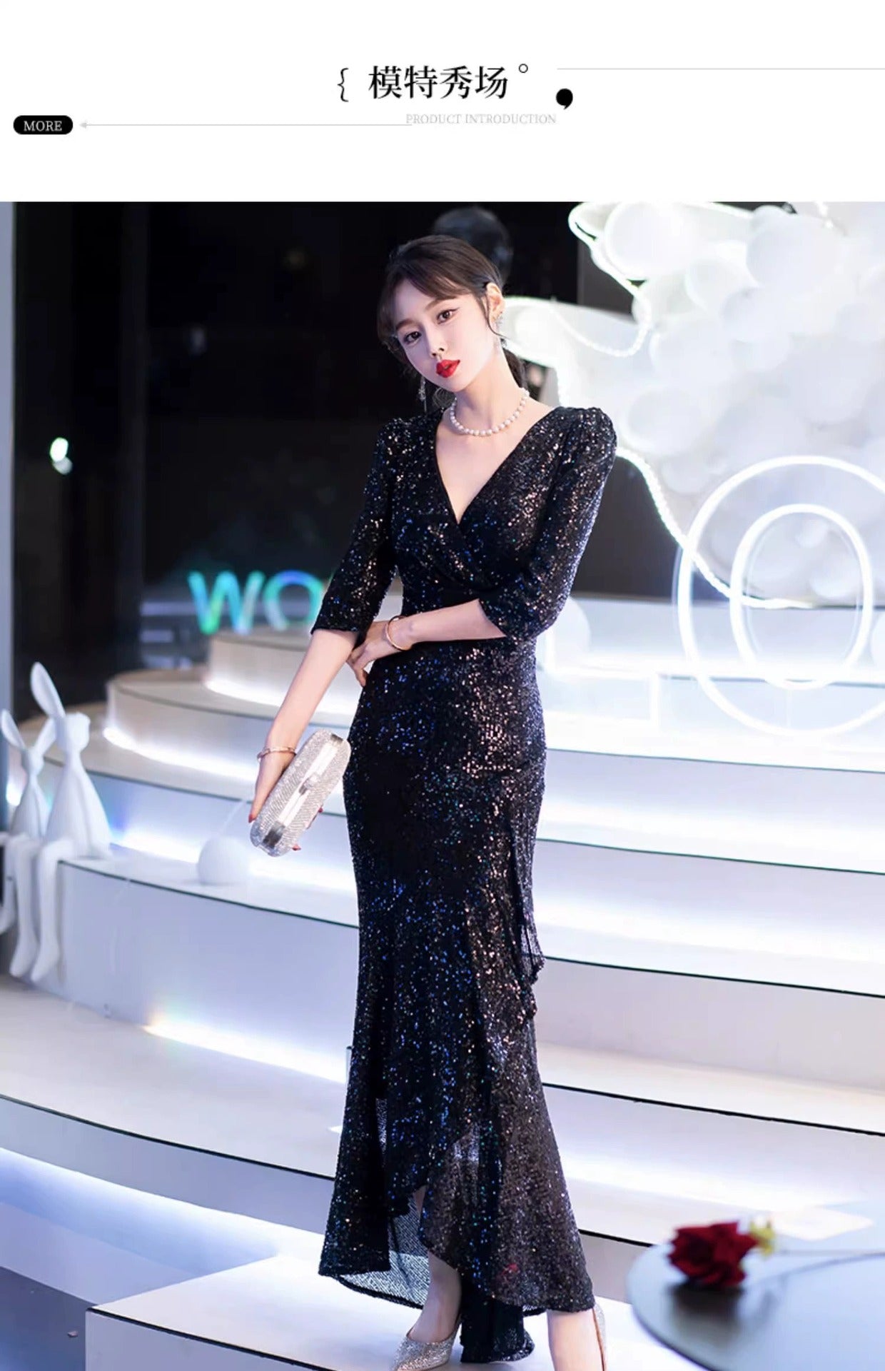 Black Evening Dress High-End Affordable Luxury Niche Female 2024 New Host Birthday Banquet Sequined Fishtail Dress Autumn