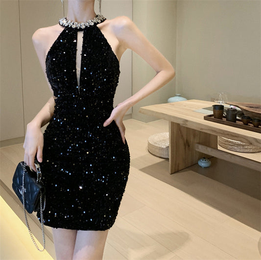 5736 Cross-Border Real Shot Nightclub Velvet Sequined Handmade Beaded Sleeveless Dress Slim Dress Short Dress