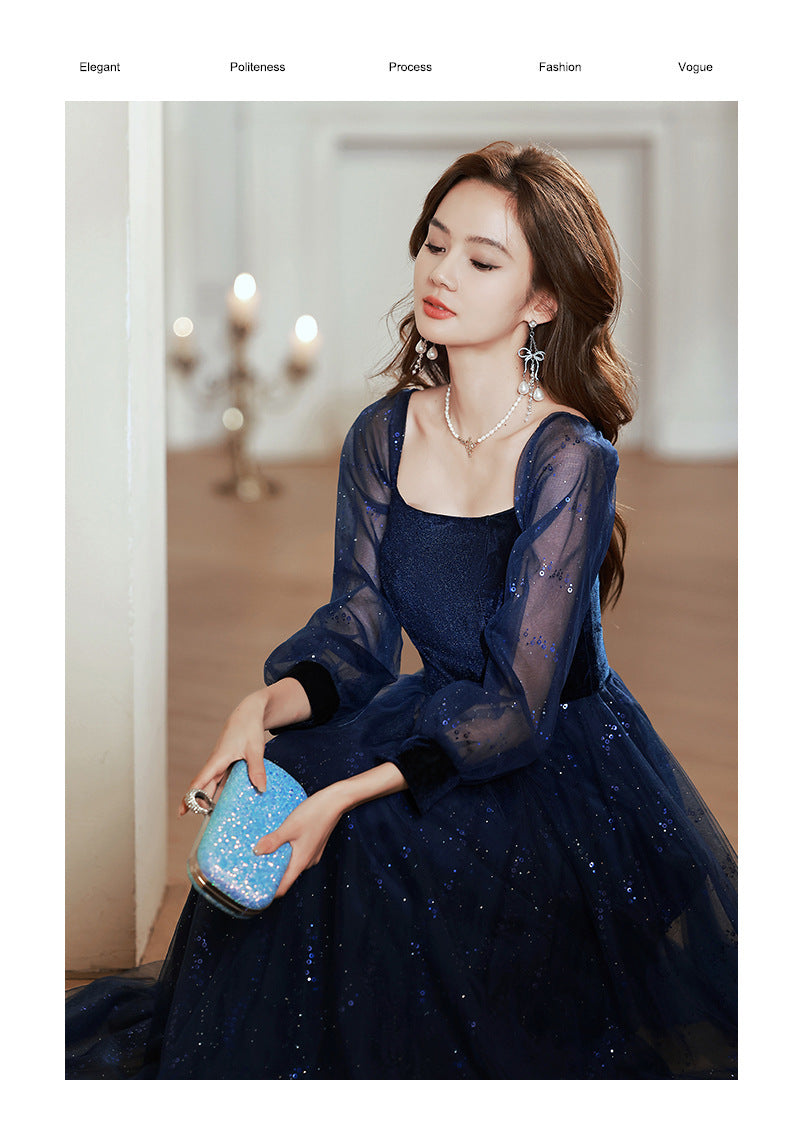 Women's Long-Sleeved Evening Dress for Banquet, High Sense High-End Affordable Luxury Niche Blue Sequined Conductor Chorus Solo Performance Costume