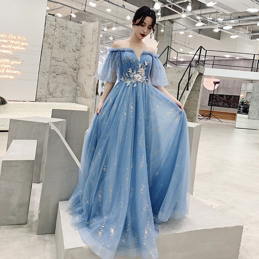 Blue Host Art Exam Evening Dress Female 2024 New Banquet Temperament Princess Fairy Mori Style