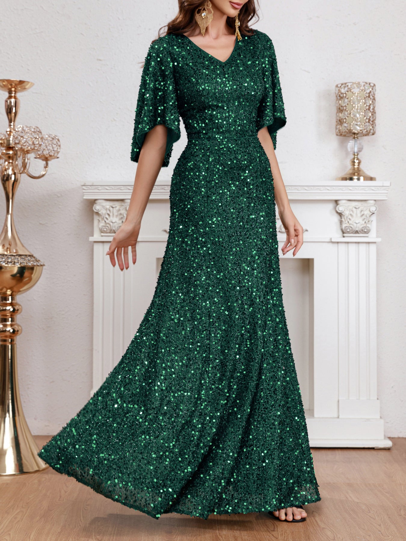 2024 Spring and Summer Cross-Border Independent Station New Fashion V-neck Sequins European and American Style Dress Mid-Waist Short-Sleeved Evening Dress