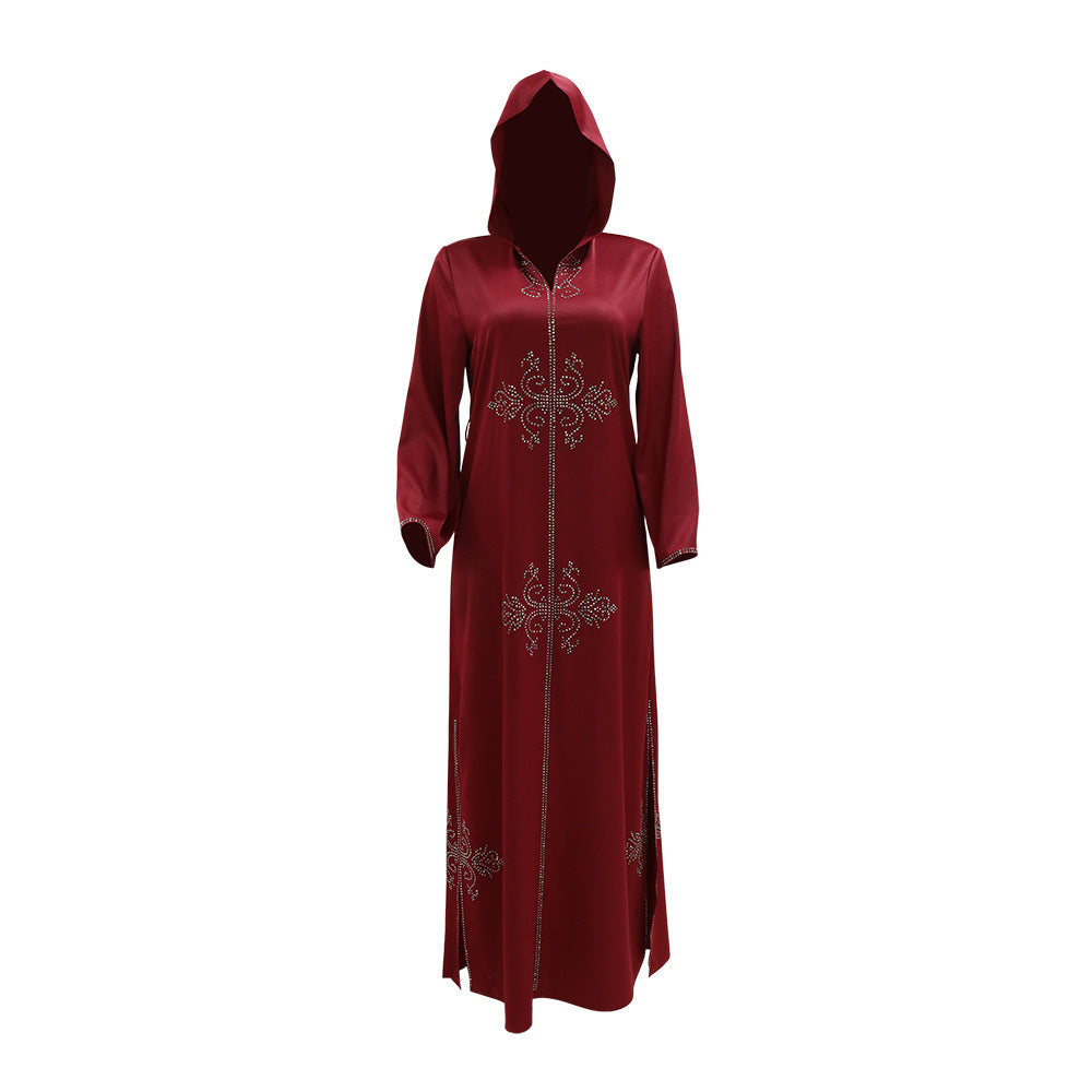 Xqy500157 Middle East Abaya Ethnic Style Dress Hooded Robe Fashion Diamond-Embedded Slits Lower Hem Dress