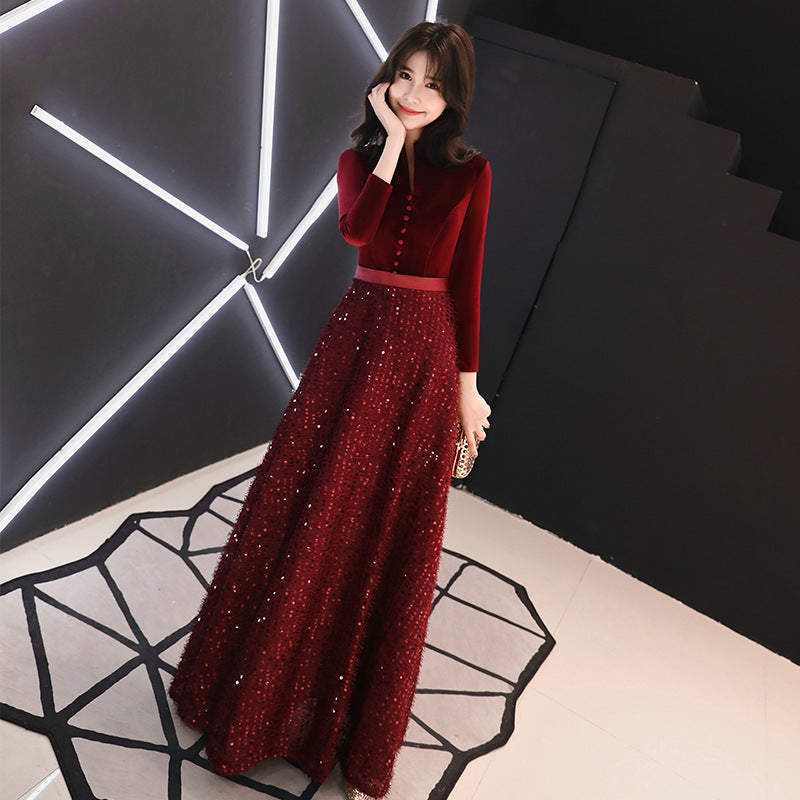 Evening Dress for Women 2024 New Elegant Toast Dress Wine Red Bride Elegant Long Sleeve Wedding Clothes Autumn