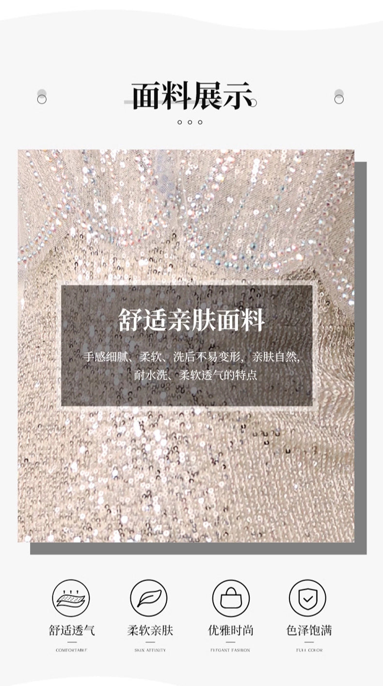 Silver V-neck Sequins Dress plus Size Shawl Fashion Minority Design Birthday Banquet Host Fishtail Dress