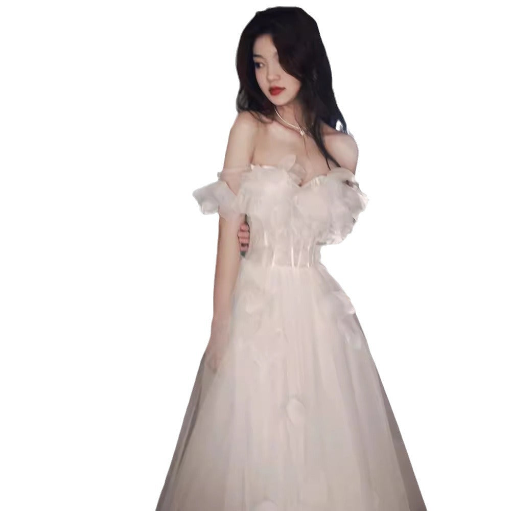 White Evening Dress Women's French Style High Sense Birthday Adult Wedding Dress Princess on the Run High-End Affordable Luxury Niche Host