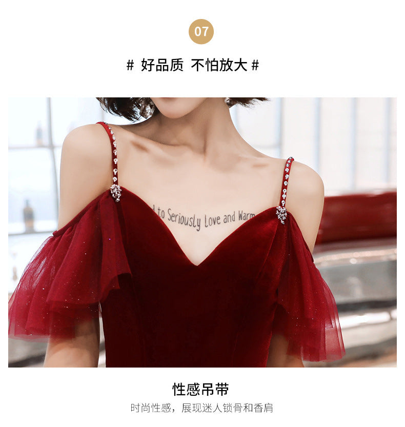 Toast Dress Bride Wine Red Dress Slimming Temperament 2022 New Banquet Strap Handmade Marriage Engagement Dress