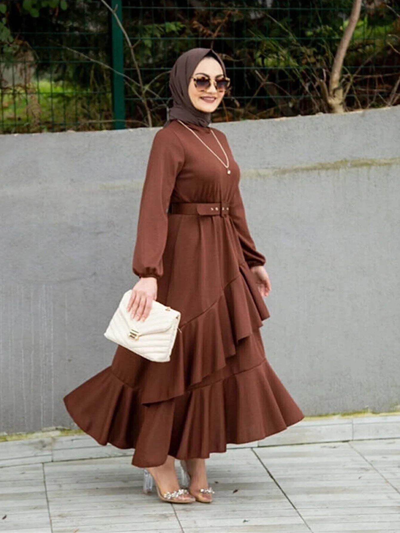 2207# Middle East Women's Clothing Turkey Explosion Long Dress Muslim Dress Double Layer Ruffled Waist Dress