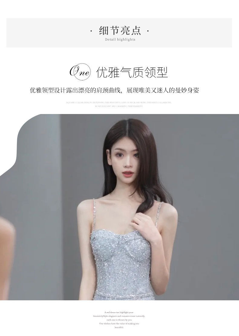 Fishtail Evening Dress High-Grade Model Catwalk Student Art Exam Toast Dress Bride Super Fairy Blue French Strap