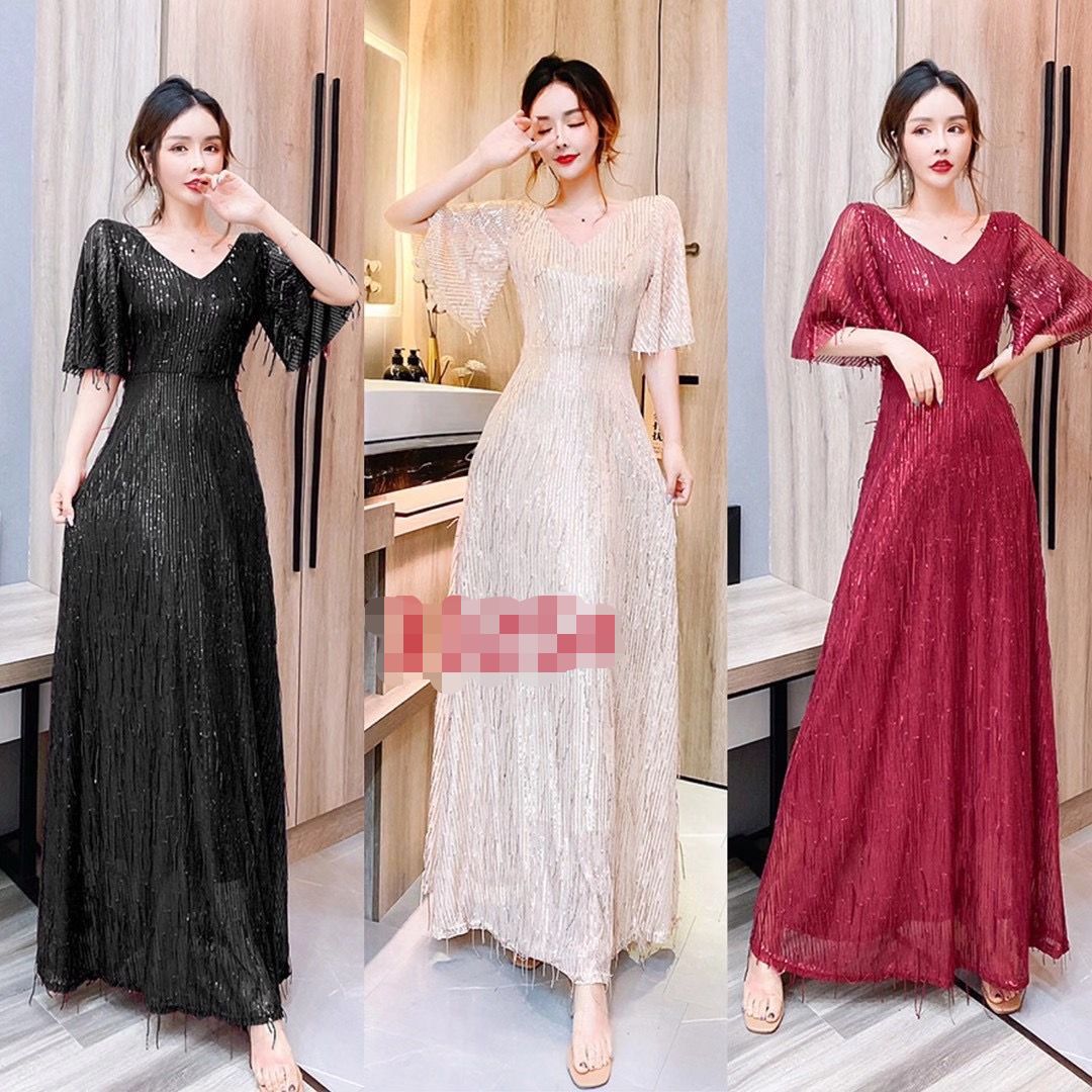 Starry Evening Dress Dignified Temperament Bride Toast Dress V-neck Flared Sleeves Sequined Tassel Slimming Long Dress Women