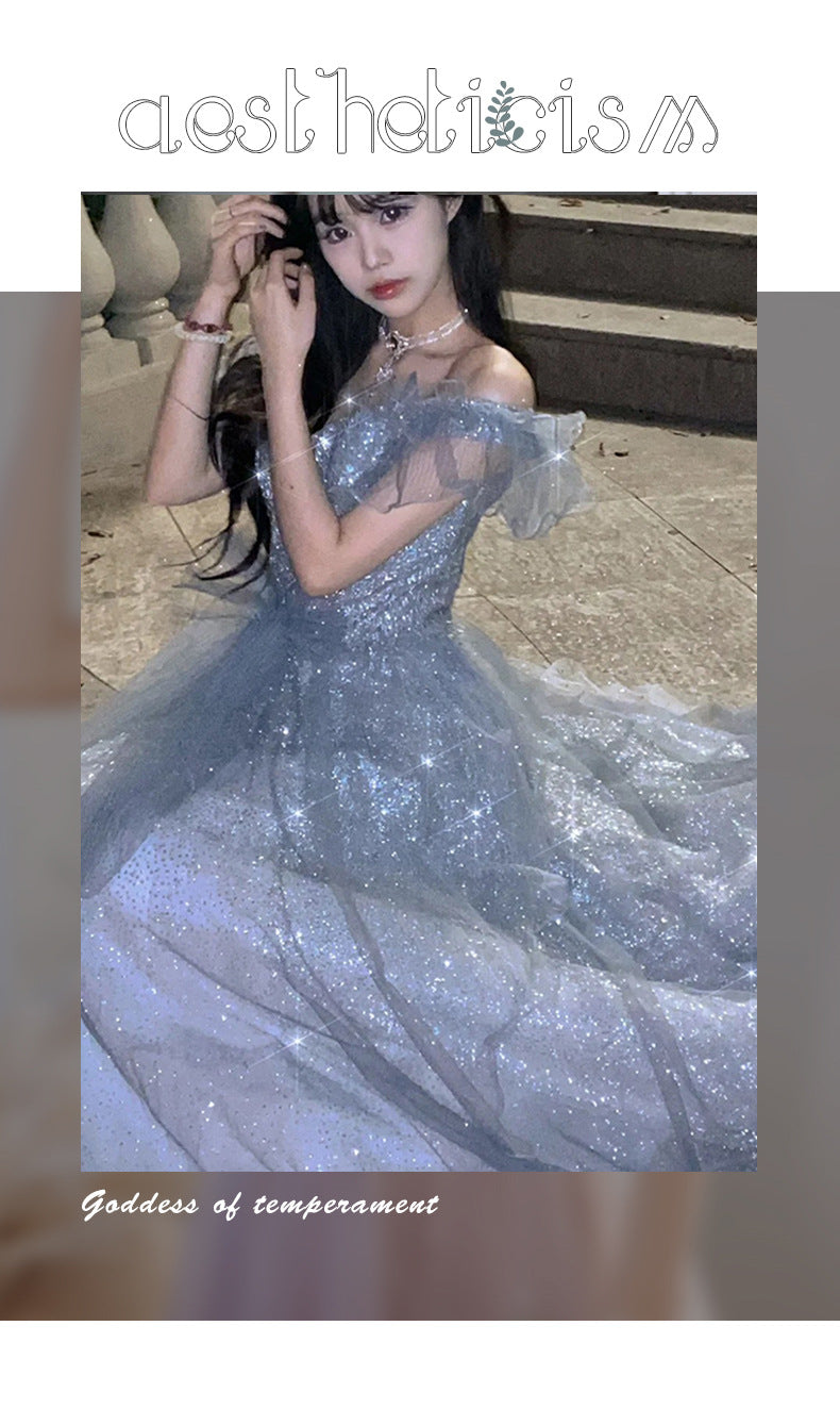 French Princess Escape Evening Dress Super Fairy Blue Student Art Exam Performance Dress off-Shoulder Temperament Bride Toast Dress
