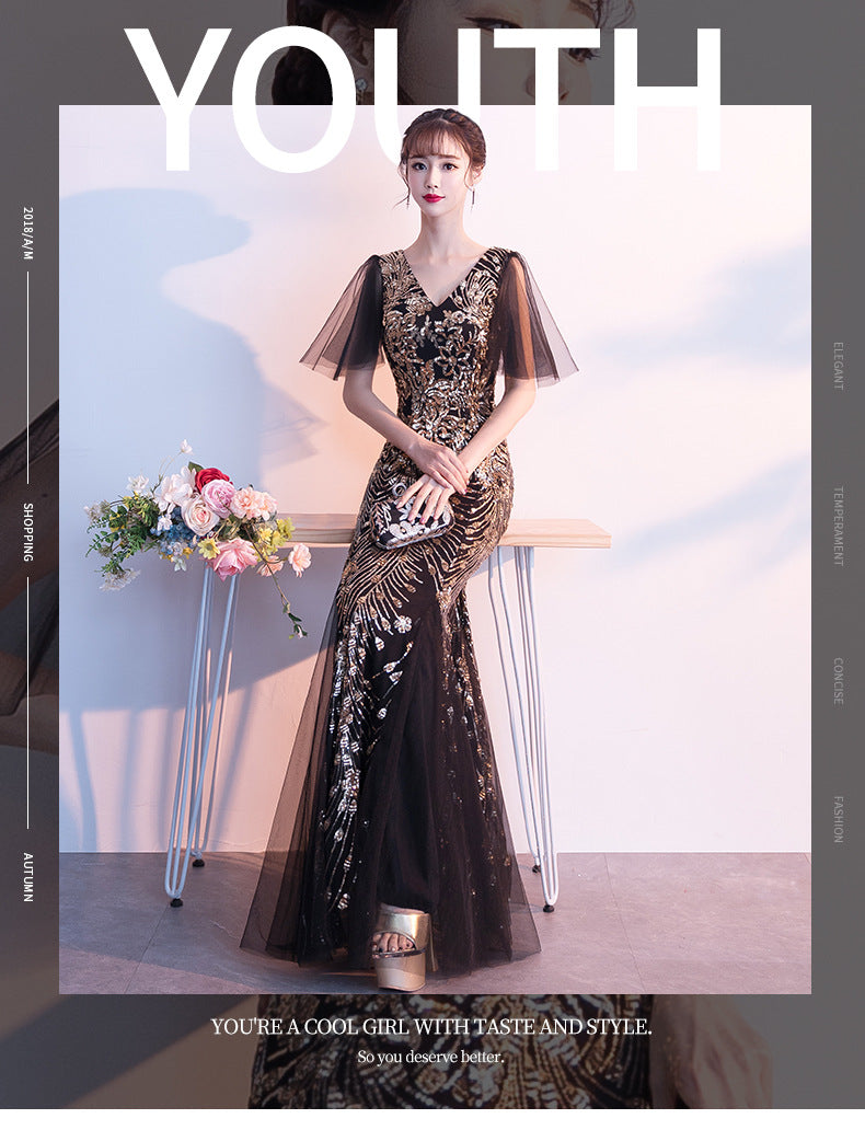 Evening Dress for Women 2024 New Banquet Socialite Gathering Long Style with Medium Sleeves V-neck Black Paillette Host Fishtail